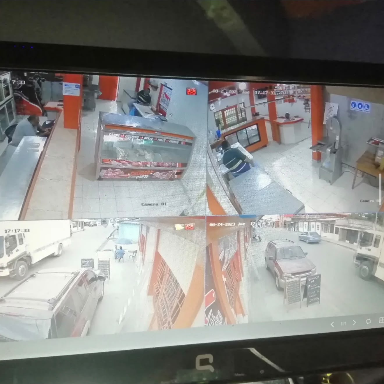 Sistema CCTV en carnicería — cobertura de mostrador interior y zonas exteriores